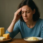 Žena so syndrómom bolesti hlavy sedí pri tanieri syra, zamyslená.