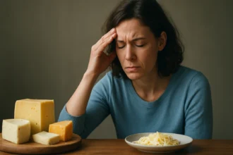 Žena so syndrómom bolesti hlavy sedí pri tanieri syra, zamyslená.