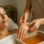 Žena zažíva parafínovú starostlivosť na ruky v salóne.