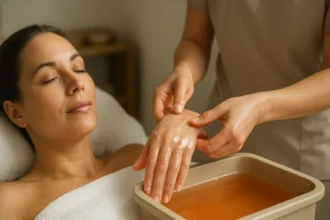 Žena zažíva parafínovú starostlivosť na ruky v salóne.