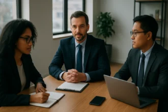 Skupina profesionálov diskutuje o systéme riadenia integrity.