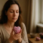 Žena drží srdcovitý rodonit a hľadí naň s emocionálnym pokojom.