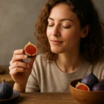 Žena vychutnávajúca si čerstvé fíky a objavujúca ich zdravotné výhody.