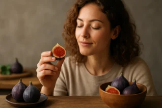 Žena vychutnávajúca si čerstvé fíky a objavujúca ich zdravotné výhody.