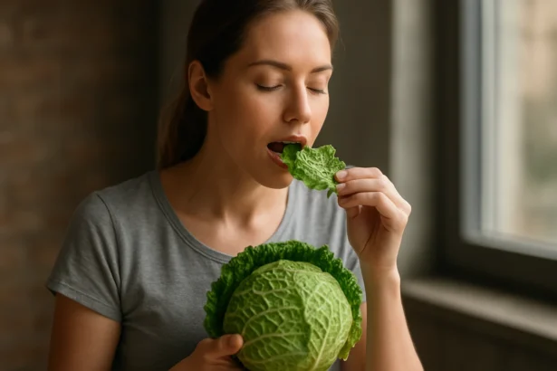 Žena jesť kelovú kapustu, superpotravinu pre zdravie