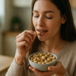 Žena si vychutnáva pistácie z misky v interiéri