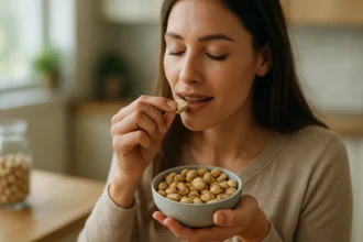 Žena si vychutnáva pistácie z misky v interiéri