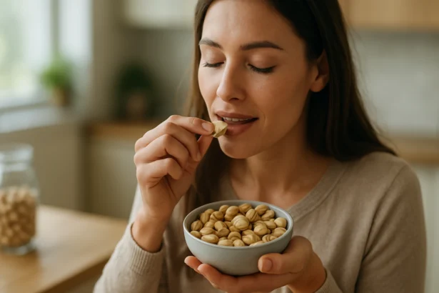 Žena si vychutnáva pistácie z misky v interiéri