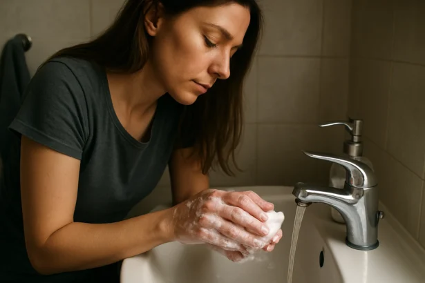 Žena umýva si ruky mydlom pri umývadle.