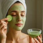 Žena s uhorkovou maskou na tvári držiaca plátok uhorky.