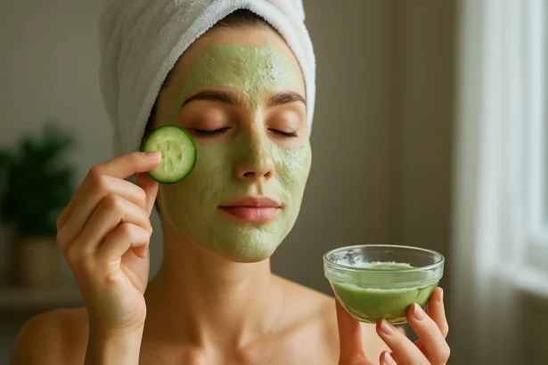 Žena s uhorkovou maskou na tvári držiaca plátok uhorky.