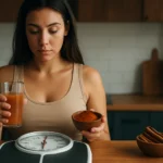 Žena meria váhu zatiaľ čo drží škoricu a nápoj v kuchyni