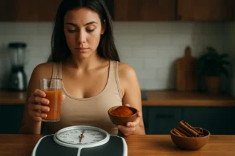 Žena meria váhu zatiaľ čo drží škoricu a nápoj v kuchyni