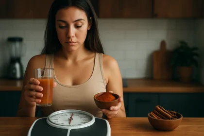 Žena meria váhu zatiaľ čo drží škoricu a nápoj v kuchyni