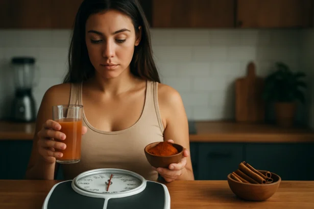Žena meria váhu zatiaľ čo drží škoricu a nápoj v kuchyni