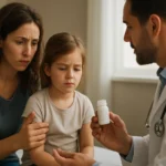 Matka so svojou dcérou konzultuje liek s lekárom.