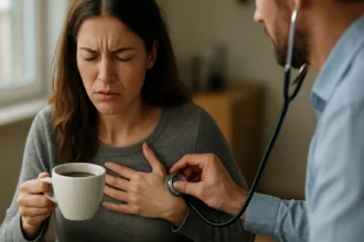 Žena s kávou a zdravotník kontrolujúci jej tep.