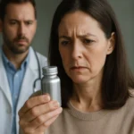 Žena s obavami skúma fľaštičku strieborných iónov pred lekárom.