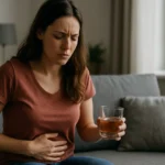 Žena s pohárom alkoholu a bolesťou brucha na gauči.