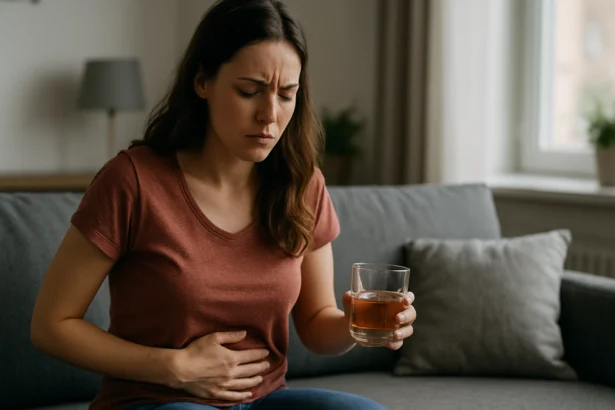 Žena s pohárom alkoholu a bolesťou brucha na gauči.