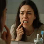 Žena sa pozera do zrkadla a kontroluje si zuby.