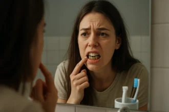 Žena sa pozera do zrkadla a kontroluje si zuby.