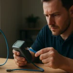 Muž testuje UTP káblový tester na diagnostiku sieťových problémov.