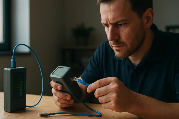 Muž testuje UTP káblový tester na diagnostiku sieťových problémov.