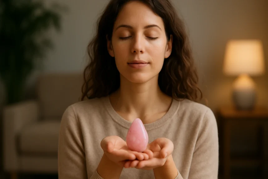 Žena s ružovým opálom v ruke, vyžarujúca pokoj a harmóniu.