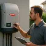 Muž kontroluje Fronius invertor na stene, solárne panely v pozadí.