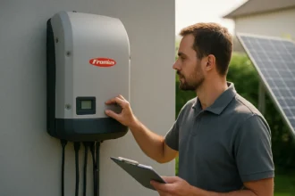 Muž kontroluje Fronius invertor na stene, solárne panely v pozadí.
