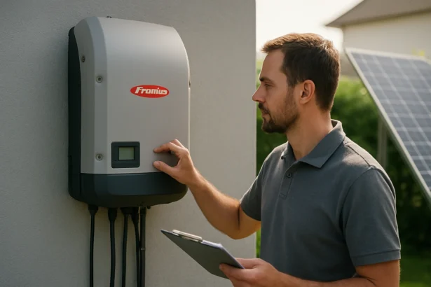 Muž kontroluje Fronius invertor na stene, solárne panely v pozadí.