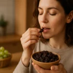 Mladá žena si vychutnáva hrozienka plné antioxidantov.