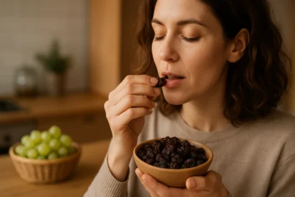 Mladá žena si vychutnáva hrozienka plné antioxidantov.