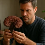 Muž skúma čínsku húsenicovú hubu pre jej zdravotné výhody.