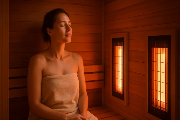 Žena relaxuje v infrasaune s teplou atmosférou