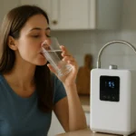 Žena pije ionizovanú vodu z pohára vedľa ionizátora vody.