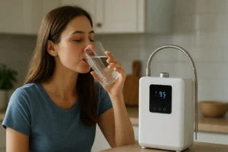 Žena pije ionizovanú vodu z pohára vedľa ionizátora vody.