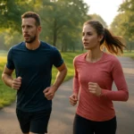 Muž a žena behajúci v parku za ranného svetla.