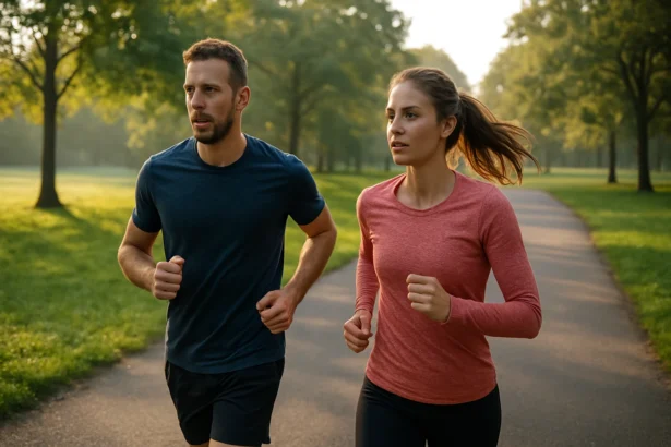 Muž a žena behajúci v parku za ranného svetla.