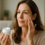 Žena nanáša krém Lobalszam na svoju pleť v interiéri.