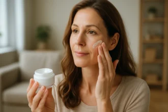 Žena nanáša krém Lobalszam na svoju pleť v interiéri.