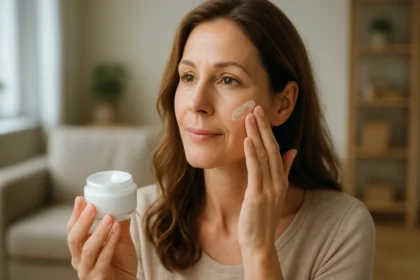 Žena nanáša krém Lobalszam na svoju pleť v interiéri.