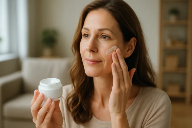 Žena nanáša krém Lobalszam na svoju pleť v interiéri.