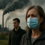 Žena a muž v ochranných rúškach pred priemyselnými dymovými komínmi