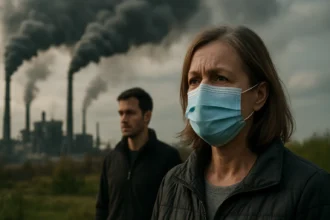 Žena a muž v ochranných rúškach pred priemyselnými dymovými komínmi