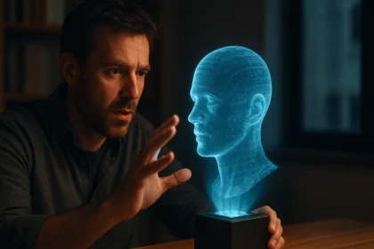 Muž s holografickou hlavou v interiéri