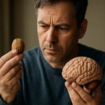 Muž porovnávajúci vlašský orech a model mozgu