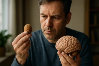 Muž porovnávajúci vlašský orech a model mozgu