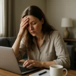 Žena ukazuje na stres pri práci z domu s laptopom